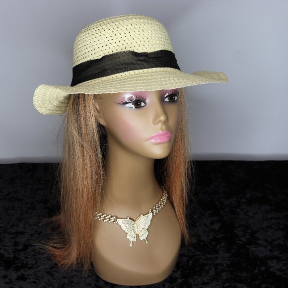 Accessories - Women's Straw Sun Hat with Ribbon Band - Black